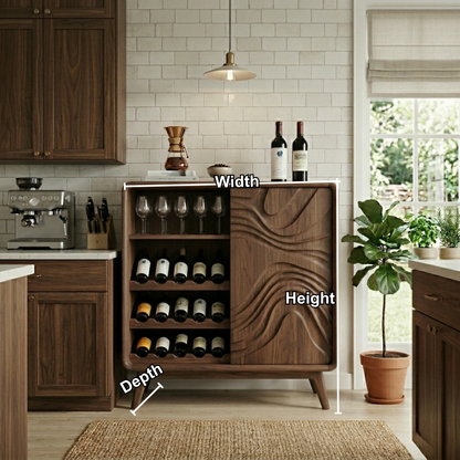Handcrafted Solid Wood Wine Cabinet with Wave Pattern Storage and Glassware Holder