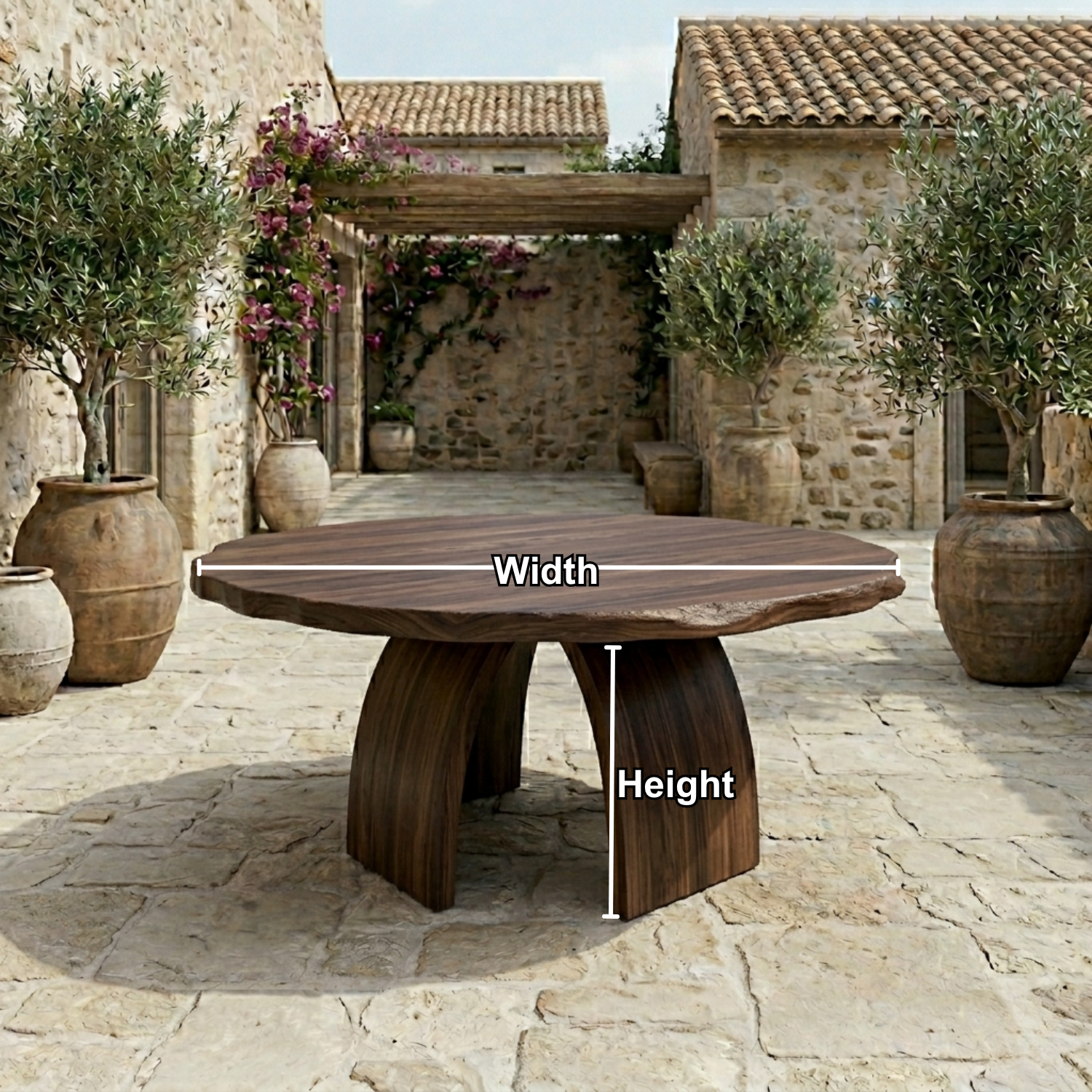 Round Live Edge Solid Wood Outdoor Dining Table with Curved Sculptural Pedestal Base