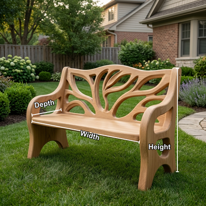 Solid Wood Outdoor Bench with Tree-Inspired Carved Backrest Garden Patio Seating