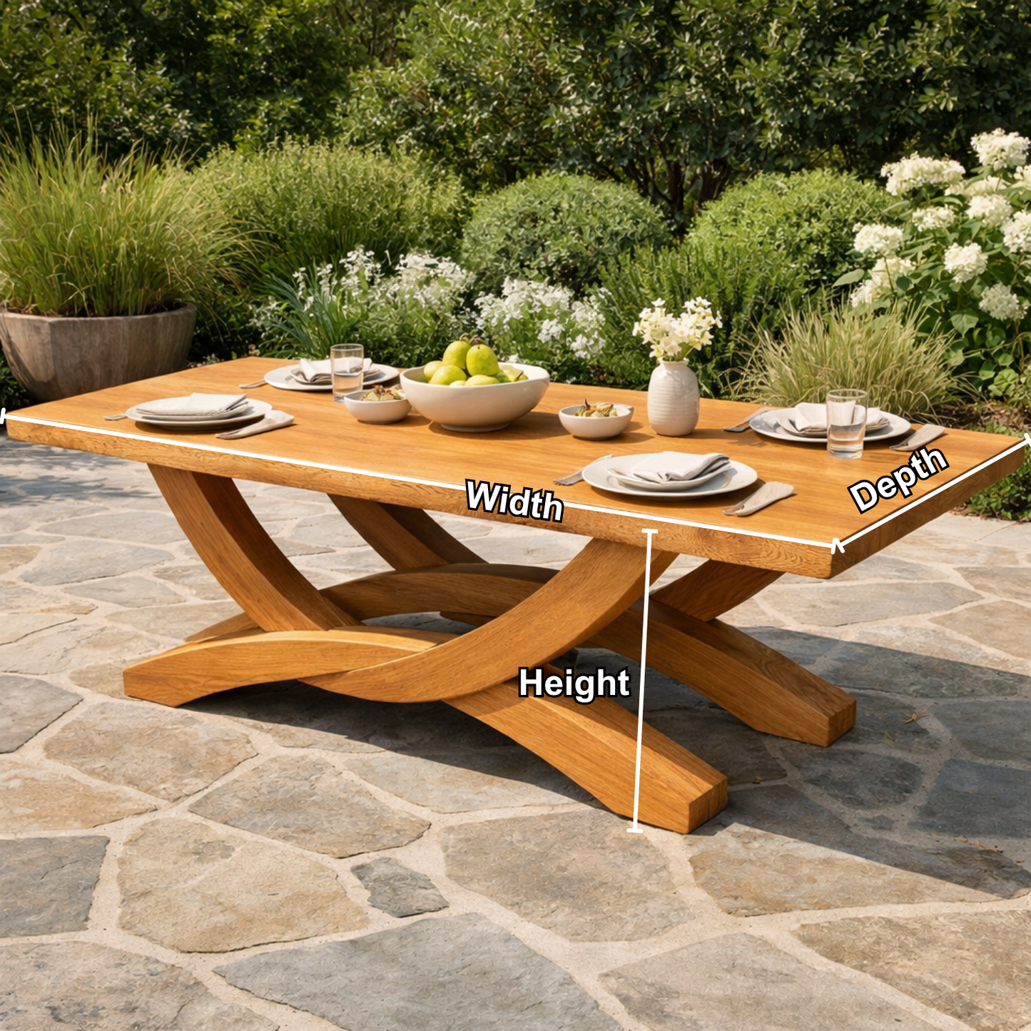 Solid Wood Outdoor Dining Table Rectangular Top with Sculptural Cross Base