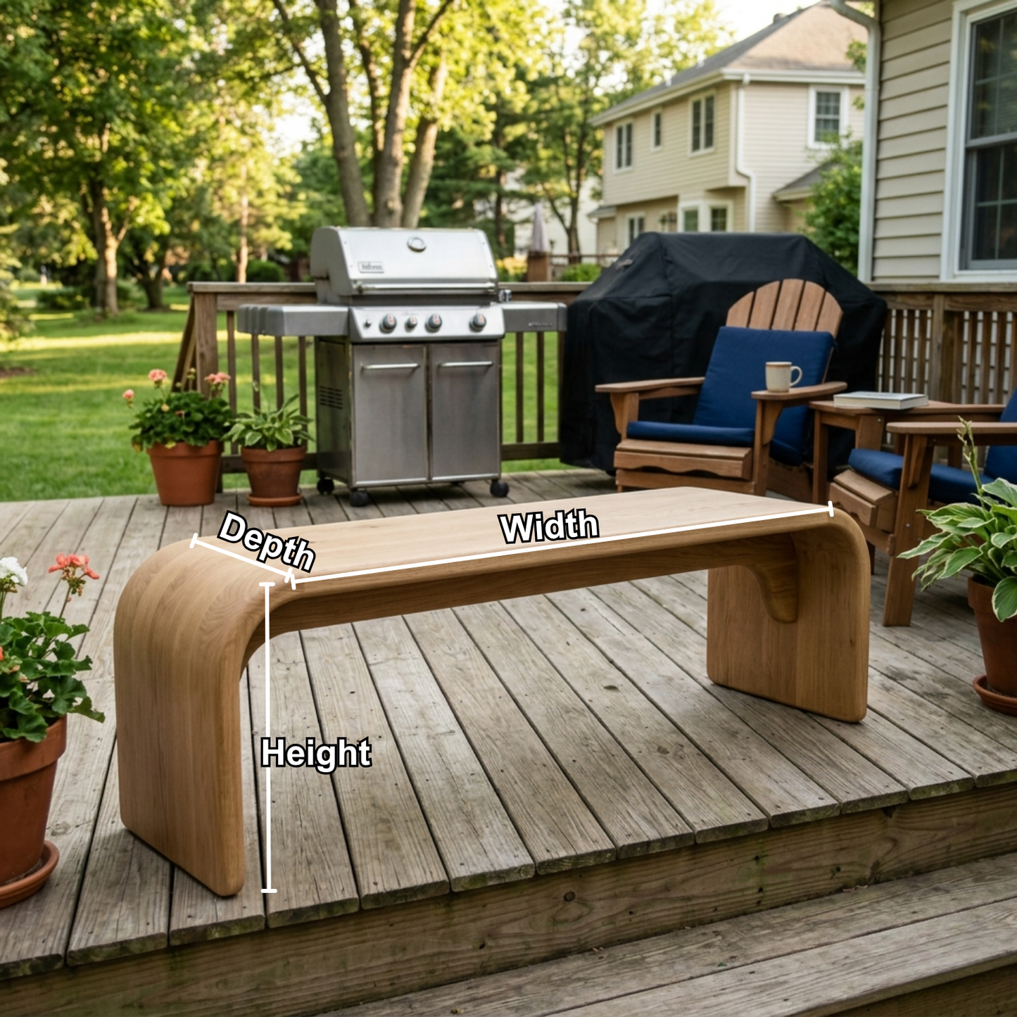 Solid Wood Outdoor Bench with Curved Waterfall Design and Minimalist Profile