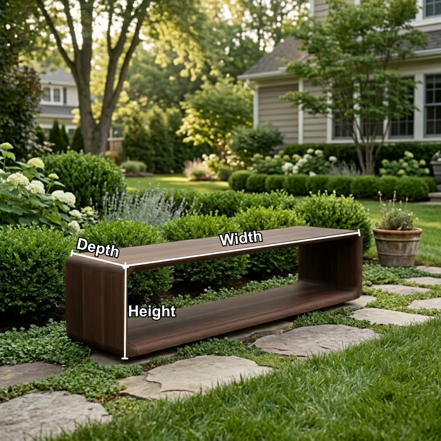 Solid Wood Outdoor Bench with Open Shelf Base and Rounded Waterfall Frame