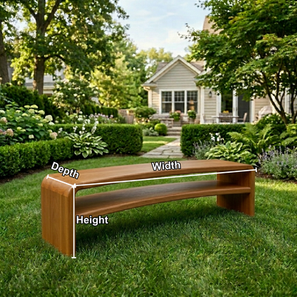 Solid Wood Outdoor Bench with Curved Waterfall Frame and Open Shelf Design