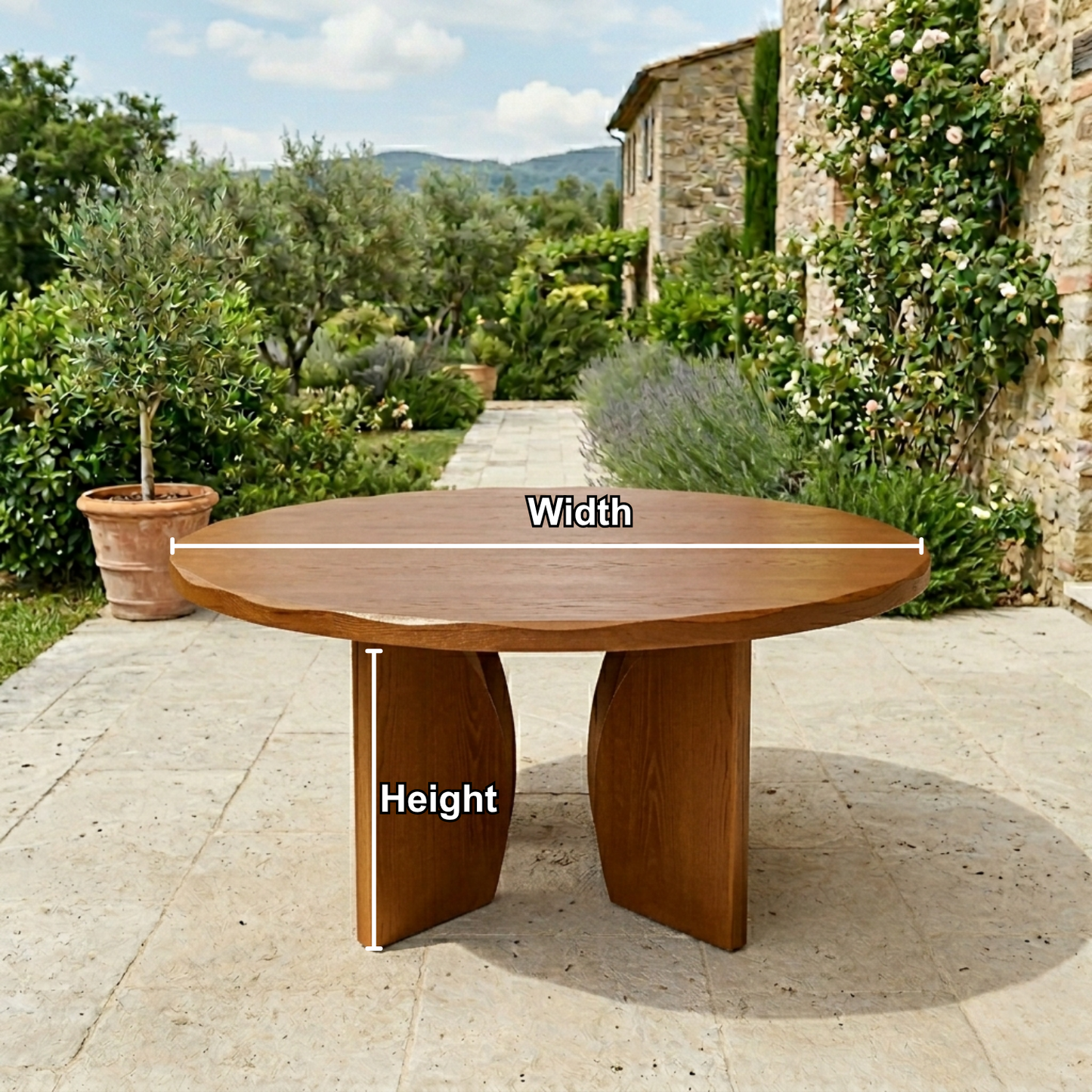 Round Solid Wood Outdoor Dining Table with Sculpted Twin Pedestal Base