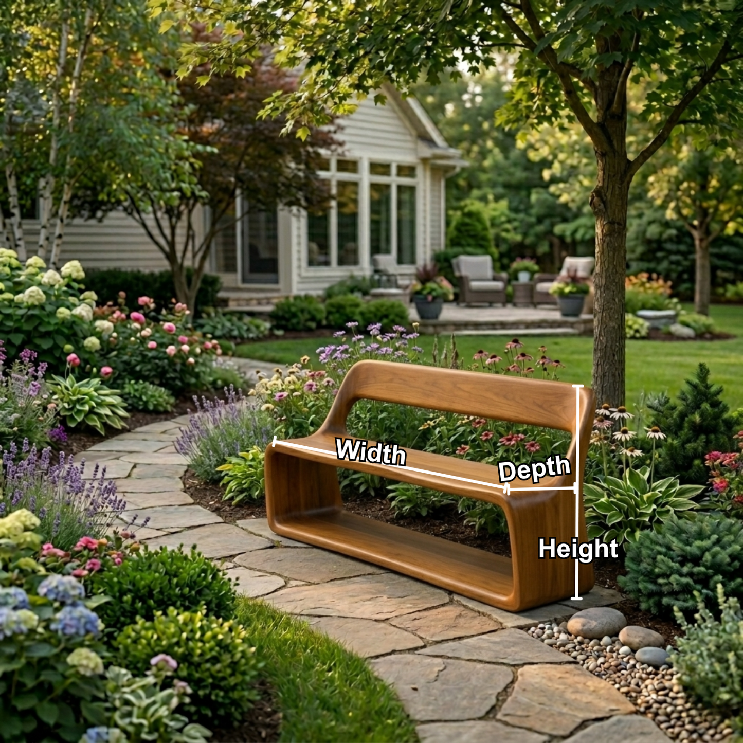Solid Wood Outdoor Bench with Curved Backrest and Integrated Open Shelf Base