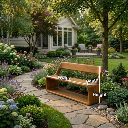 Solid Wood Outdoor Bench with Curved Backrest and Integrated Open Shelf Base