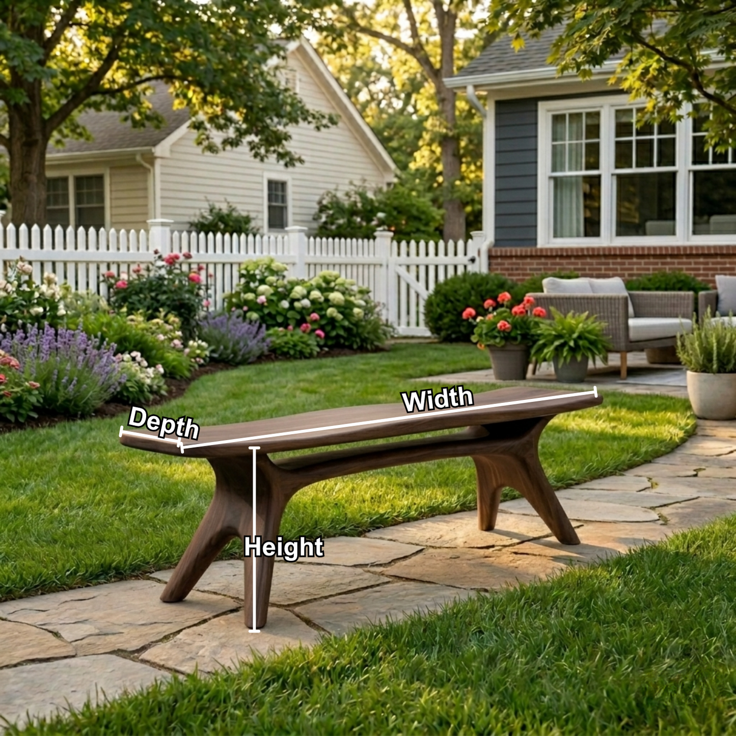 Solid Wood Outdoor Bench with Sculptural Tapered Legs and Floating Seat Design