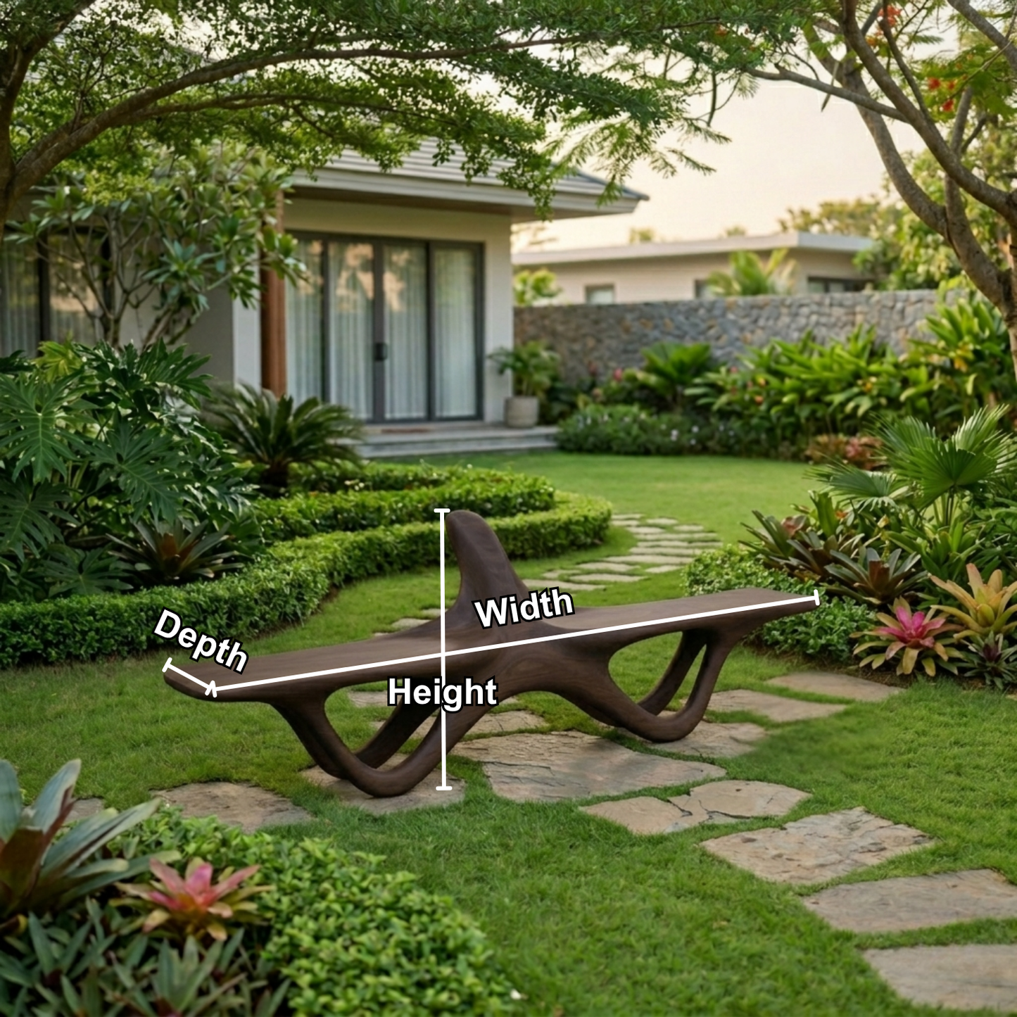 Solid Wood Outdoor Bench Sculptural Organic Form with Curved Flowing Base Design