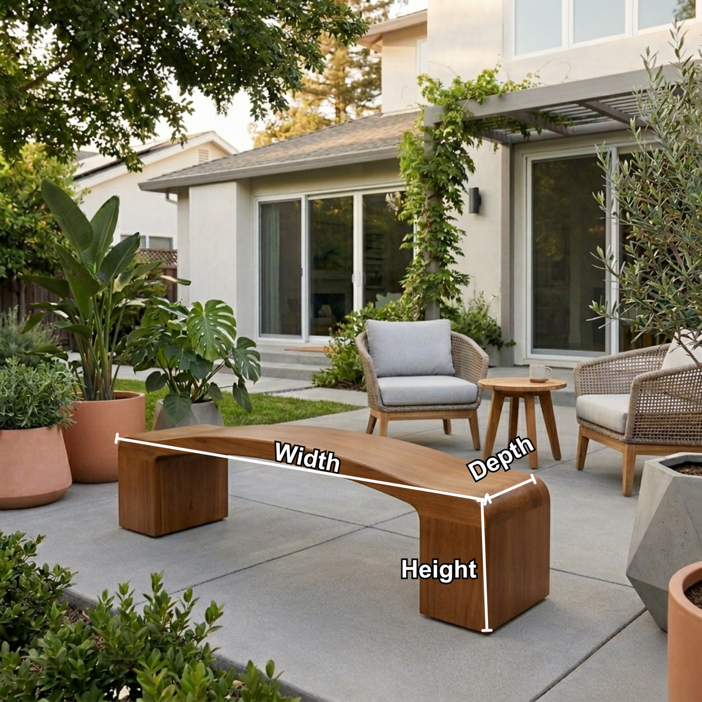 Solid Wood Outdoor Bench Curved Seat with Sculptural Block Legs Minimalist Design