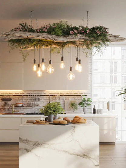 Rustic Driftwood Ceiling Light With Hanging Bulbs For Dining Room Kitchnce