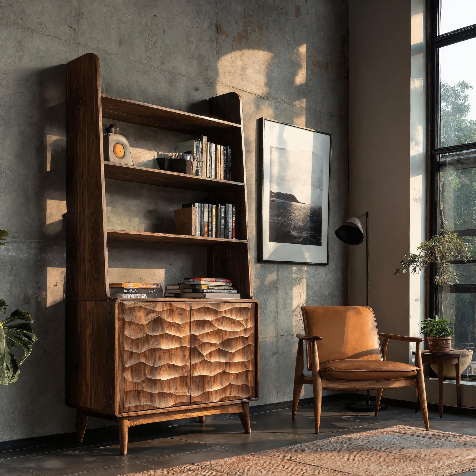 Modern Bookshelf With Carved Wave Cabinet Doors For Home Kitchnce