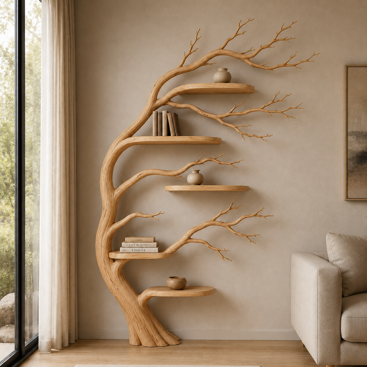 Handcrafted Solid Wood Tree Bookshelf, Organic Wall Shelf