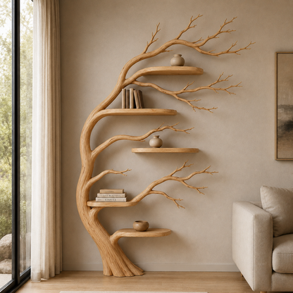 Handcrafted Solid Wood Tree Bookshelf, Organic Wall Shelf