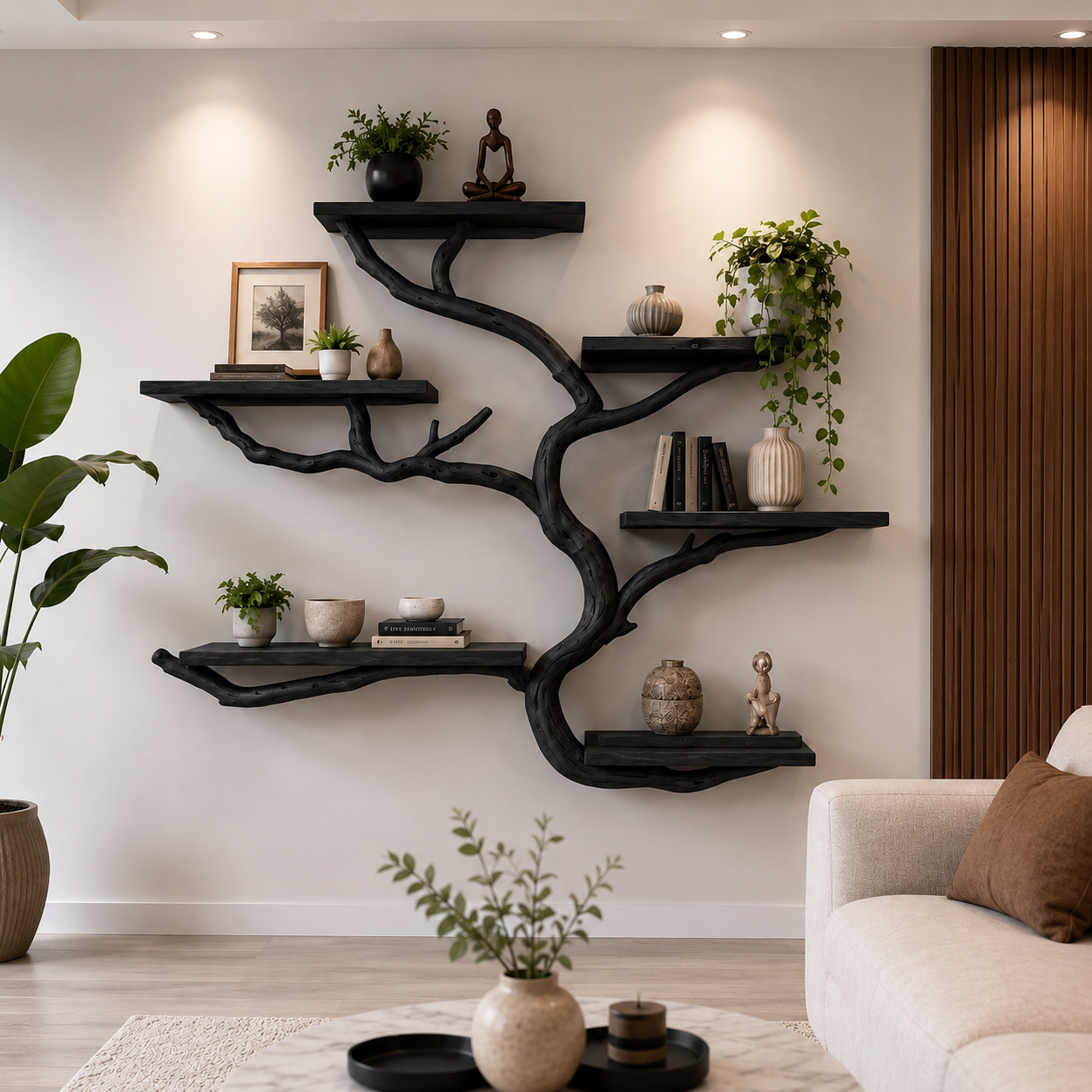 Handcrafted Solid Wood Tree Bookshelf, Organic Wall Mounted Floating Shelf