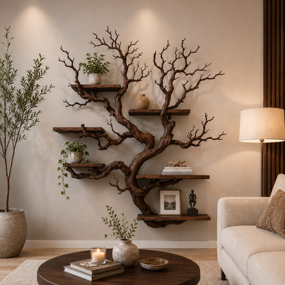 Rustic Tree Bookshelf Wall Shelf, Natural Wood Branch Bookcase