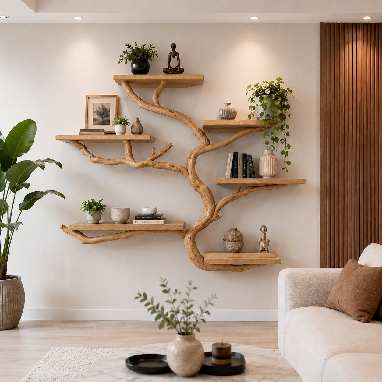 Handcrafted Solid Wood Tree Bookshelf, Organic Wall Mounted Floating Shelf
