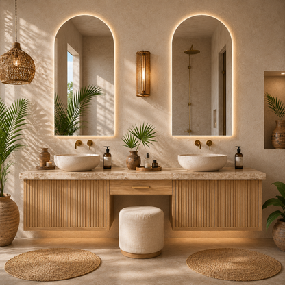 Double Sink Floating Vanity with Makeup Station, Fluted Wood Bathroom Cabinet