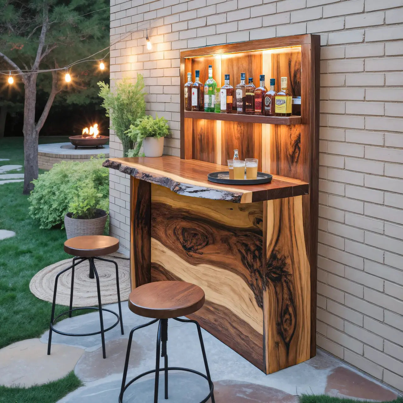 Rustic Live Edge Outdoor Bar Counter With Shelves For Patio Kitchnce