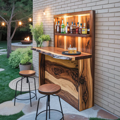 Rustic Live Edge Outdoor Bar Counter With Shelves For Patio Kitchnce