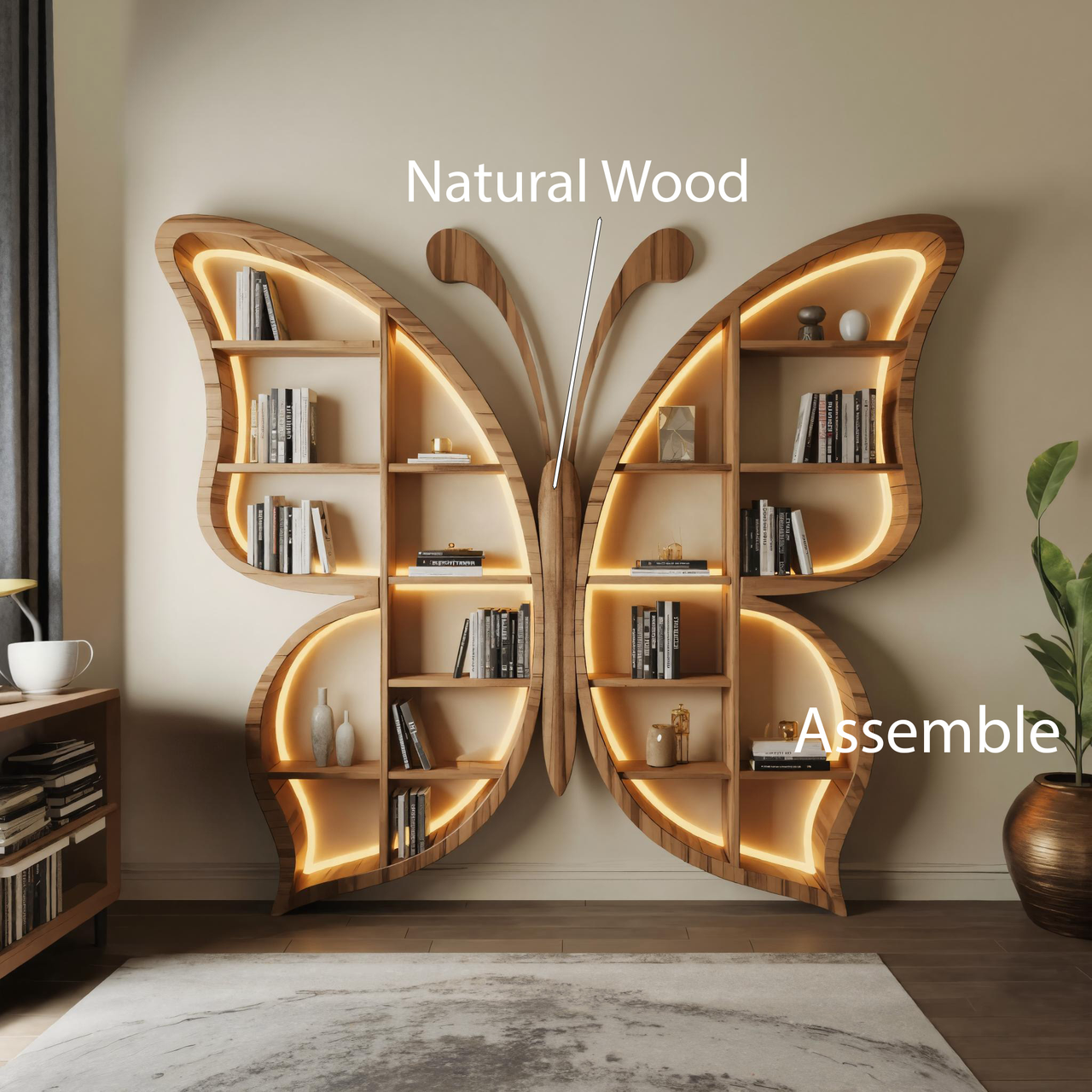 Butterfly Bookshelf With LED For Living Room Or Bedroom Kitchnce