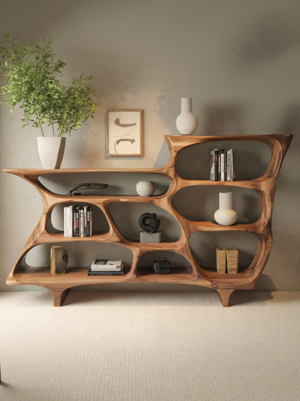 Contemporary Organic Bookshelf With Open Shelves For Living Room Or Office Kitchnce