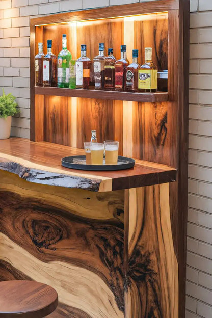 Rustic Live Edge Outdoor Bar Counter With Shelves For Patio Kitchnce
