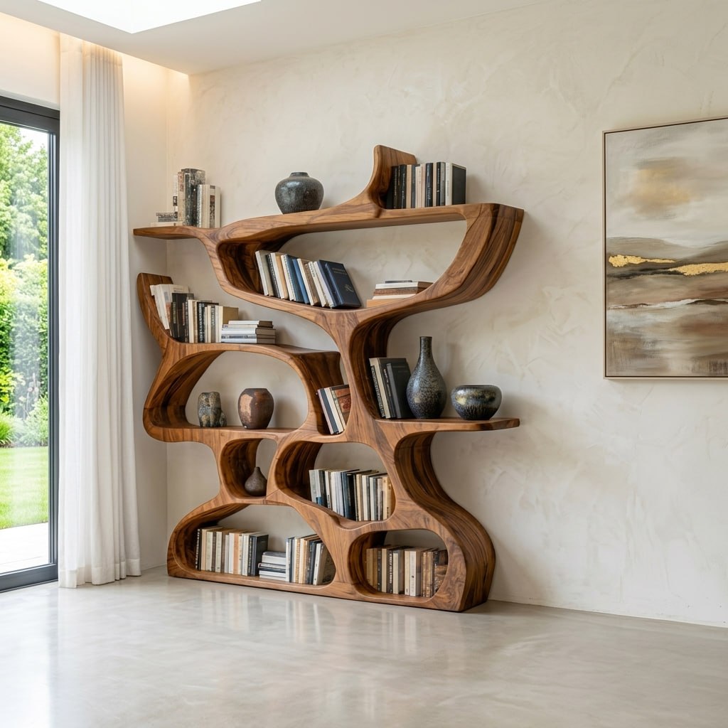 Modern Bookshelf With Organic Carved Design For Living Room Or Office Kitchnce