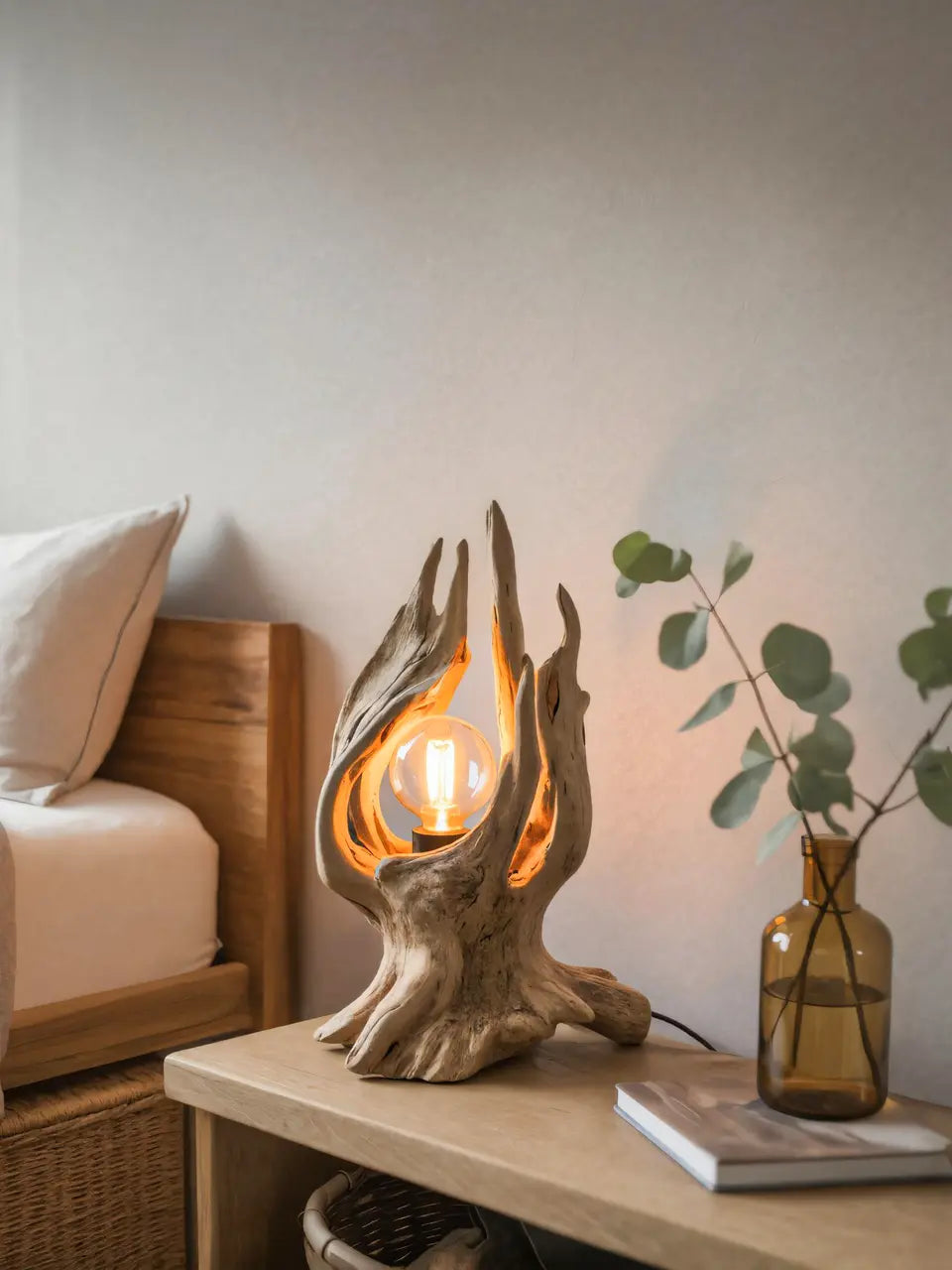 Rustic Driftwood Table Lamp With Exposed Bulb For Bedroom Or Living Room Kitchnce