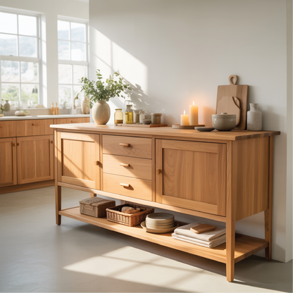 Handcrafted Solid Wood Dining Storage Sideboard with Cabinets, Drawers, and Open Bottom Shelf Kitchnce