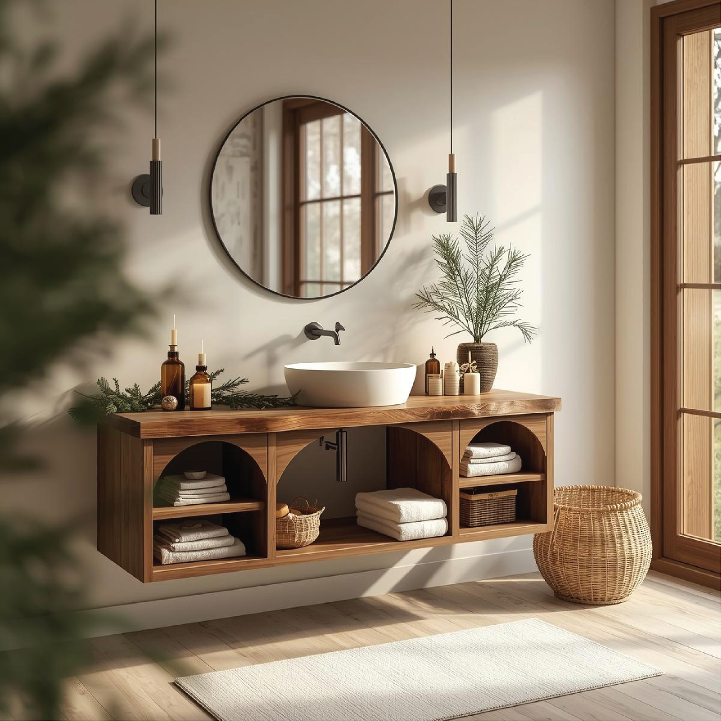 Handcrafted Solid Wood Floating Vanity with Arched Shelves and Natural Live Edge Design Kitchnce