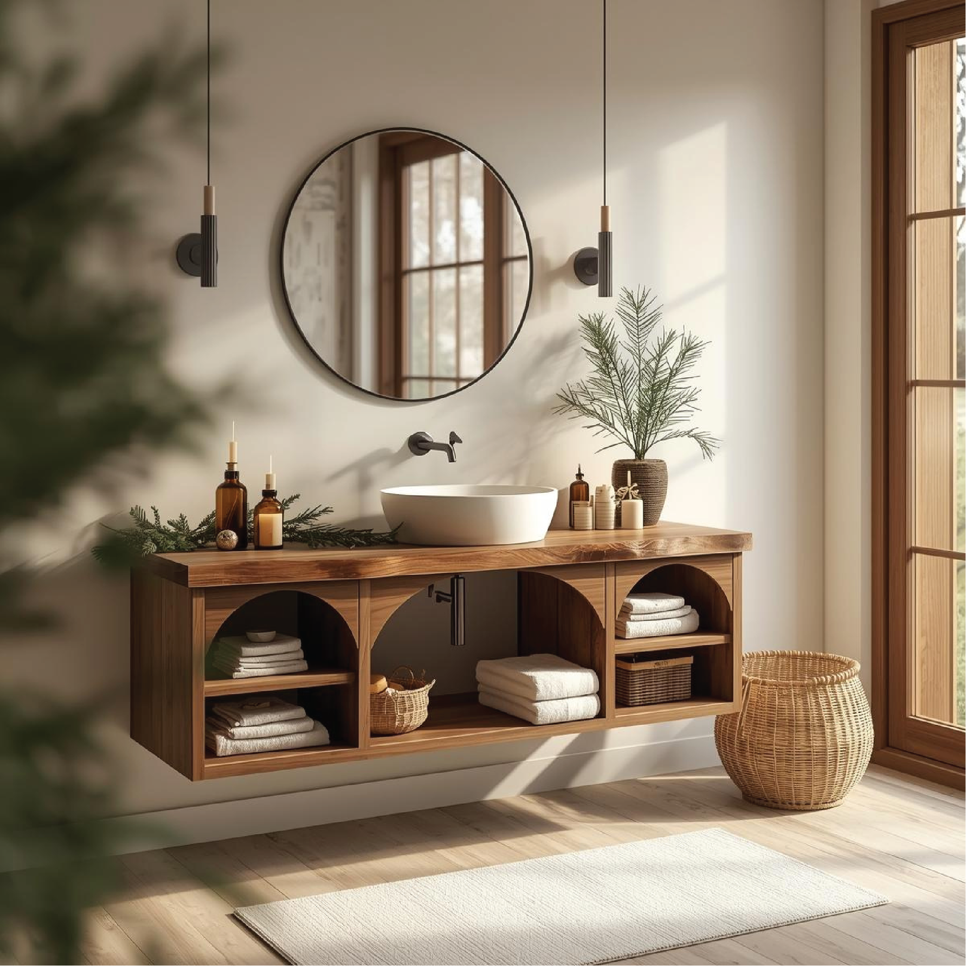 Handcrafted Solid Wood Floating Vanity with Arched Shelves and Natural Live Edge Design Kitchnce