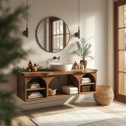 Handcrafted Solid Wood Floating Vanity with Arched Shelves and Natural Live Edge Design Kitchnce