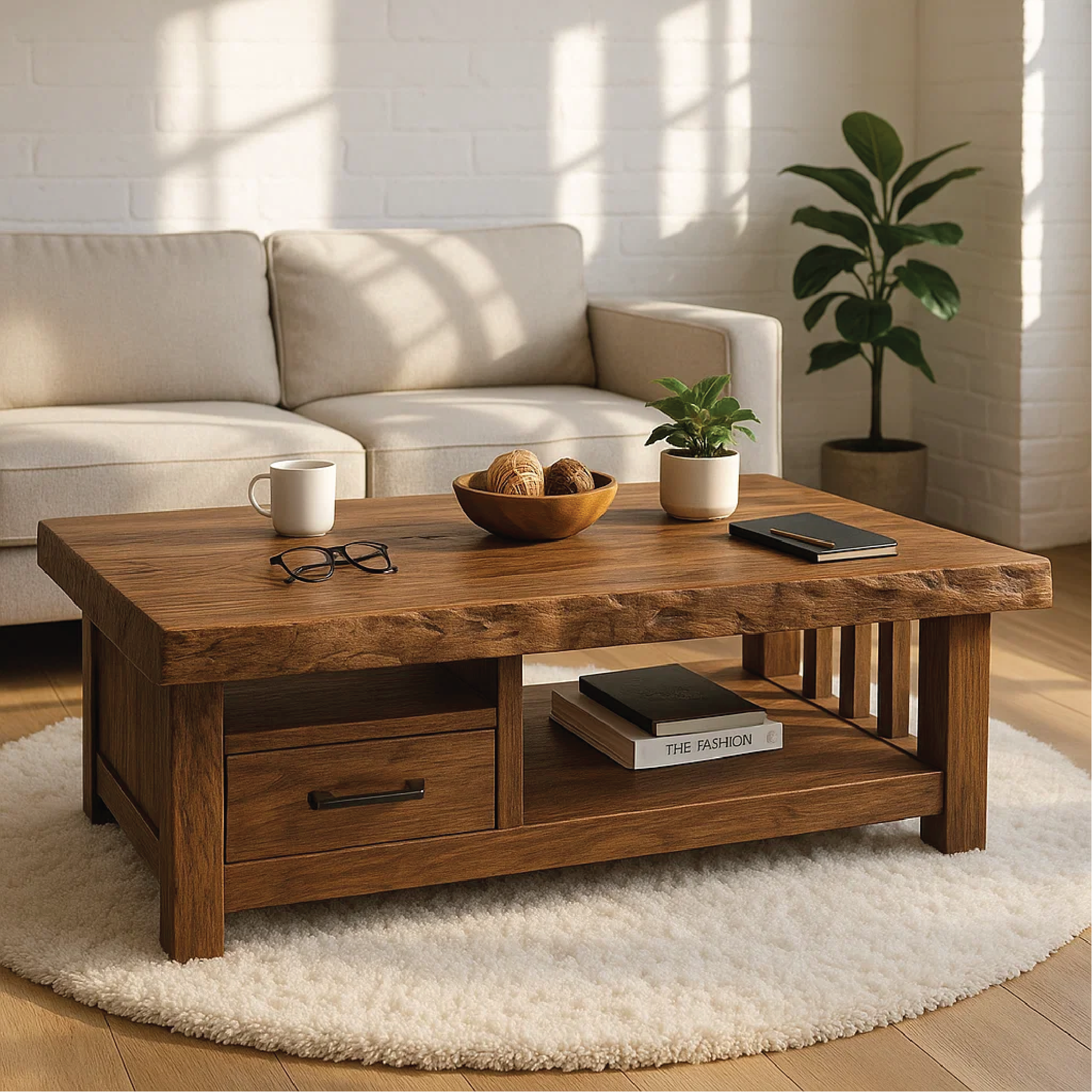 Handcrafted Solid Wood Coffee Table with Storage Drawer and Natural Live Edge Rustic Design Kitchnce