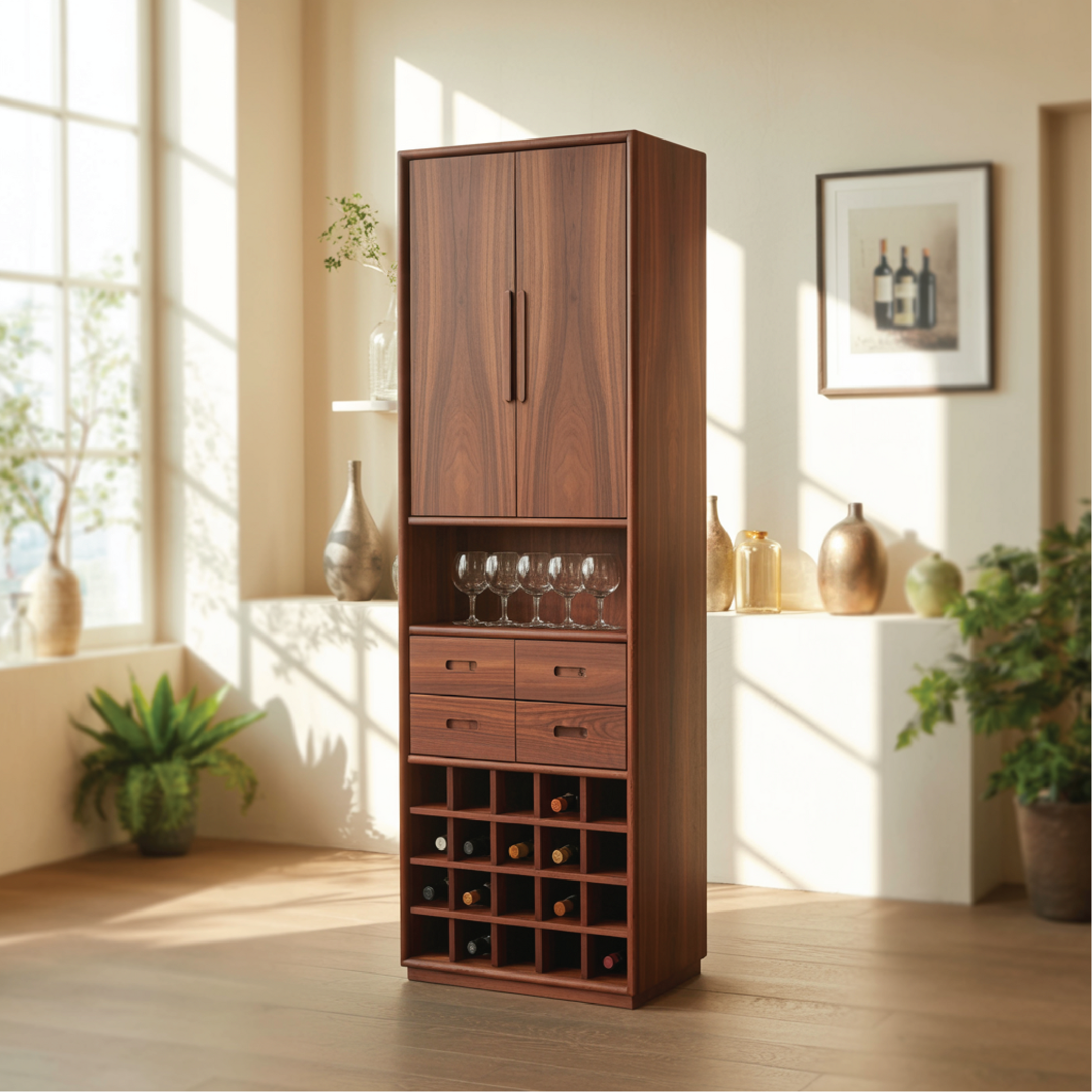 Handcrafted Solid Wood Dining Cabinet with Tall Doors, Wine Storage Grid and Four Drawers Kitchnce