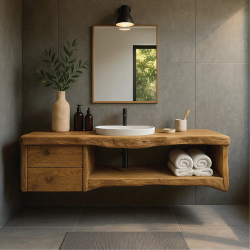 Handcrafted Solid Wood Floating Vanity with Natural Live Edge Design and Modern Minimalist Style Kitchnce