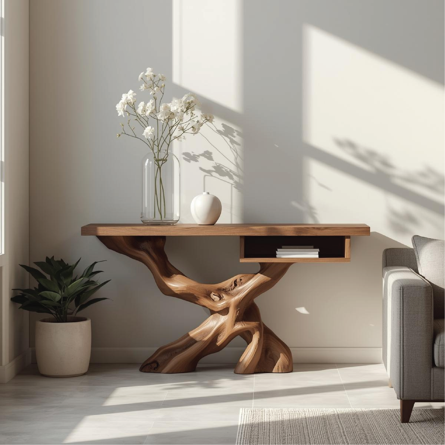 Handcrafted Solid Wood Console Table with Organic Tree-Root Base and Floating Shelf Design Kitchnce