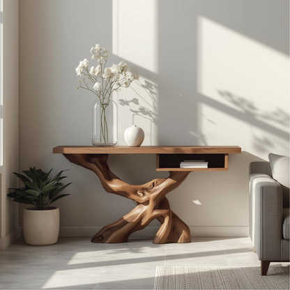 Handcrafted Solid Wood Console Table with Organic Tree-Root Base and Floating Shelf Design Kitchnce