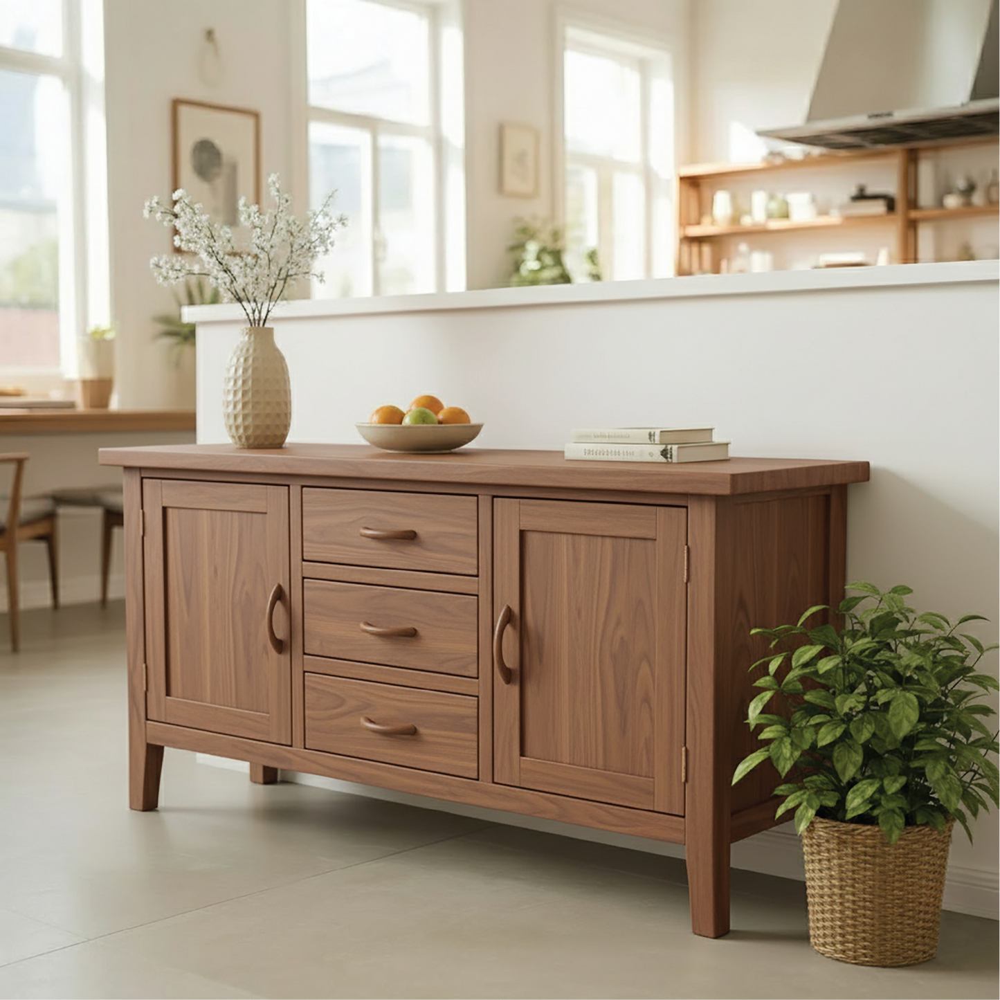 Handcrafted Solid Wood Dining Storage Cabinet with Center Drawers and Side Doors for Modern Homes Kitchnce