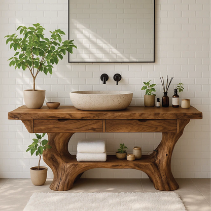Handcrafted Solid Wood Vanity with Organic Curved Base and Natural Live Edge Design Kitchnce