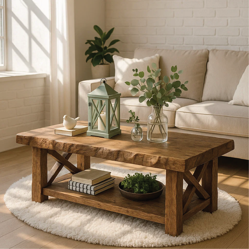 Handcrafted Solid Wood Coffee Table with Rustic X-Frame Base and Natural Live Edge Design Kitchnce