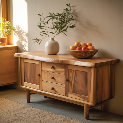 Handcrafted Solid Wood Dining Storage Cabinet with Live-Edge Top and Central Drawers Kitchnce