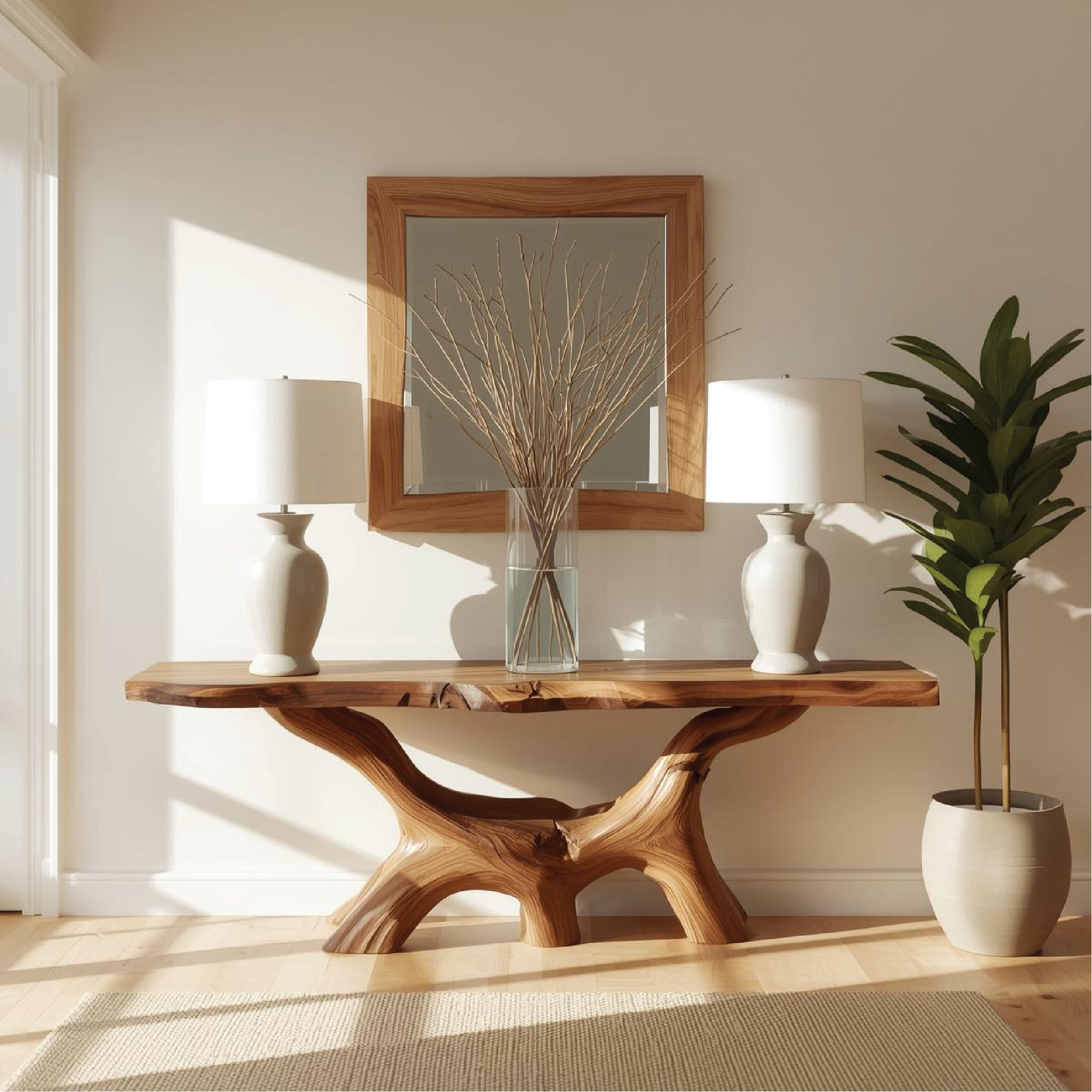 Handcrafted Solid Wood Console Table with Natural Live Edge and Organic Sculptural Base Kitchnce