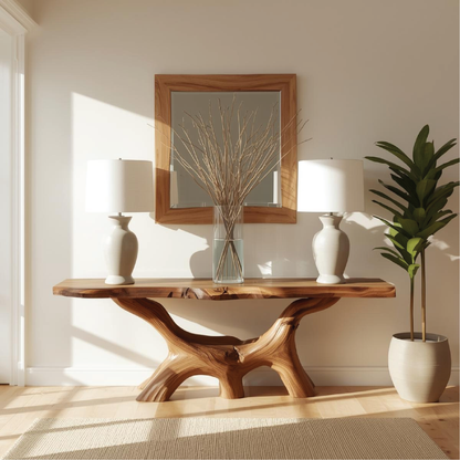 Handcrafted Solid Wood Console Table with Natural Live Edge and Organic Sculptural Base Kitchnce