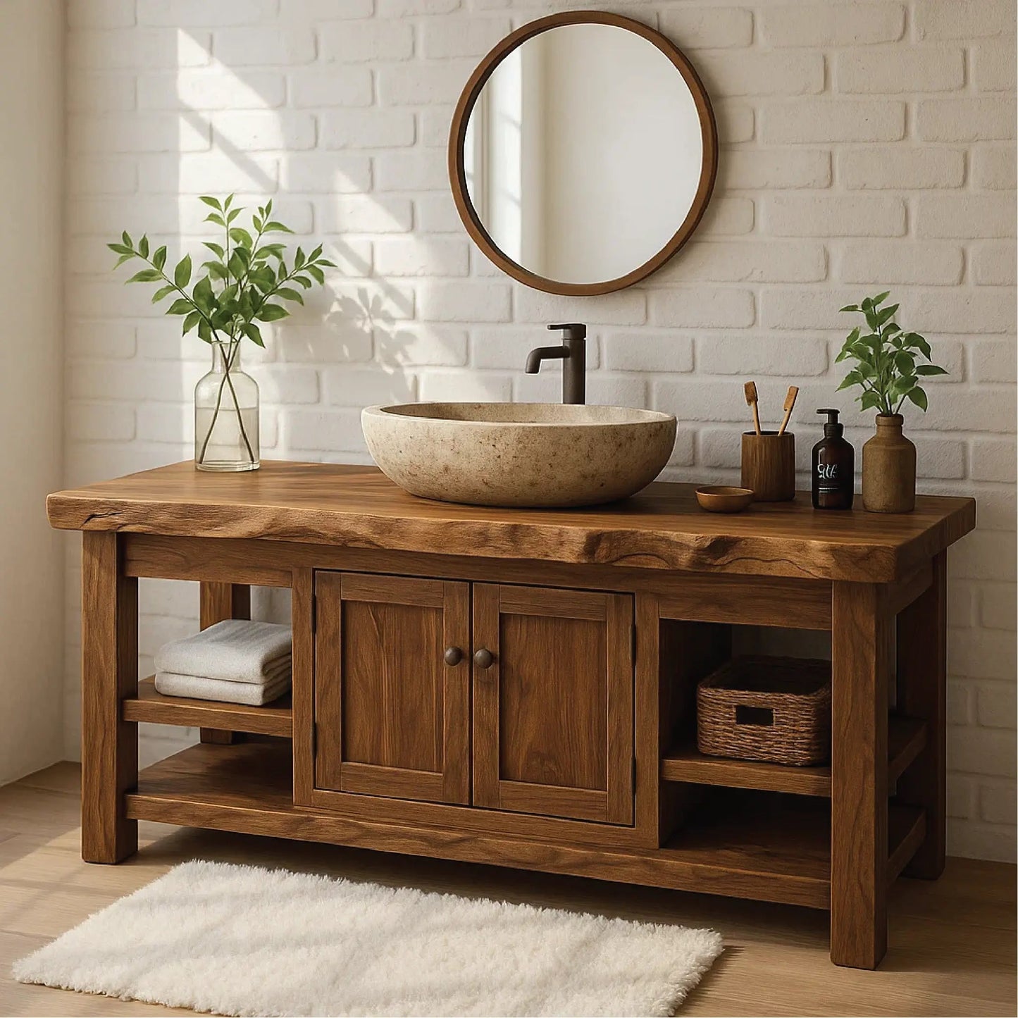 Handcrafted Solid Wood Vanity with Natural Live Edge and Double Door Storage Design Kitchnce