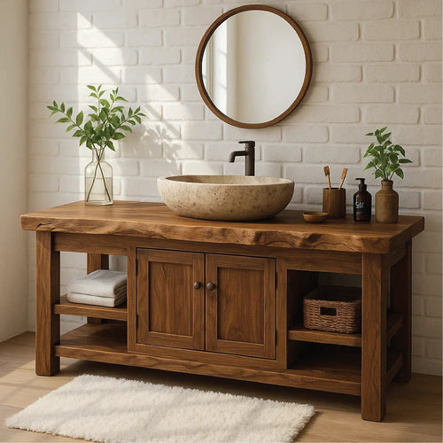 Handcrafted Solid Wood Vanity with Natural Live Edge and Double Door Storage Design Kitchnce