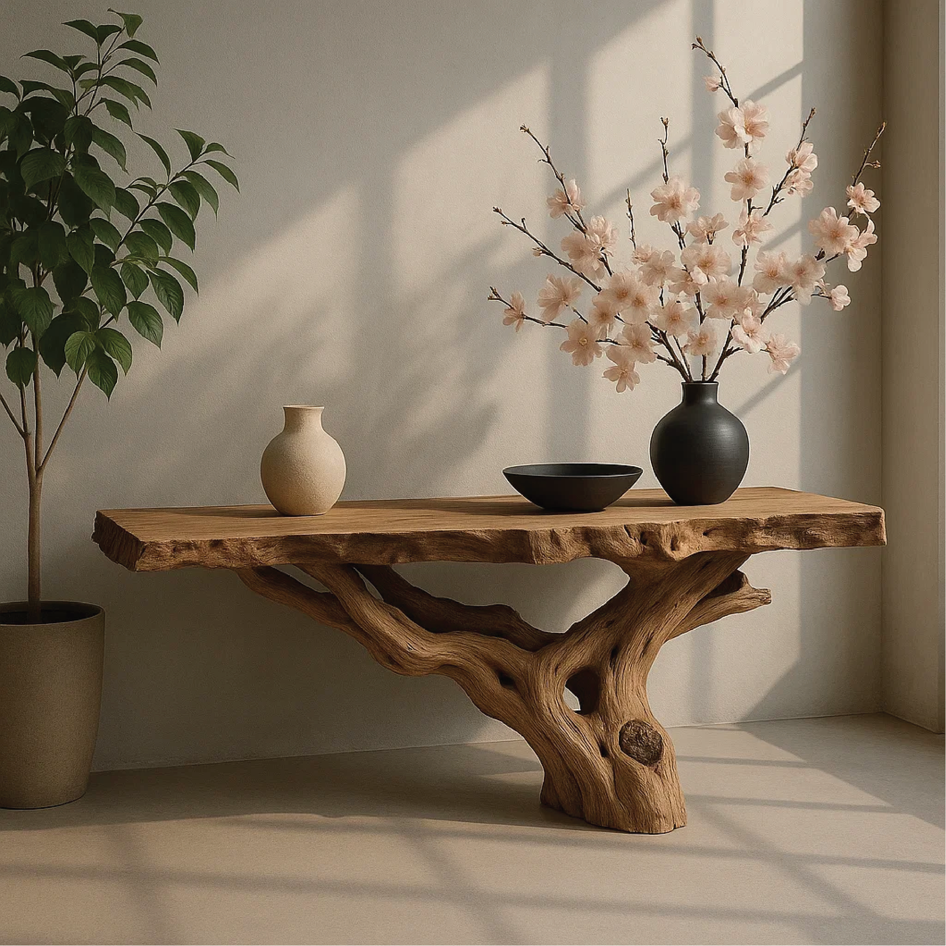 Handcrafted Solid Wood Console Table with Natural Root Base and Organic Live Edge Design Kitchnce