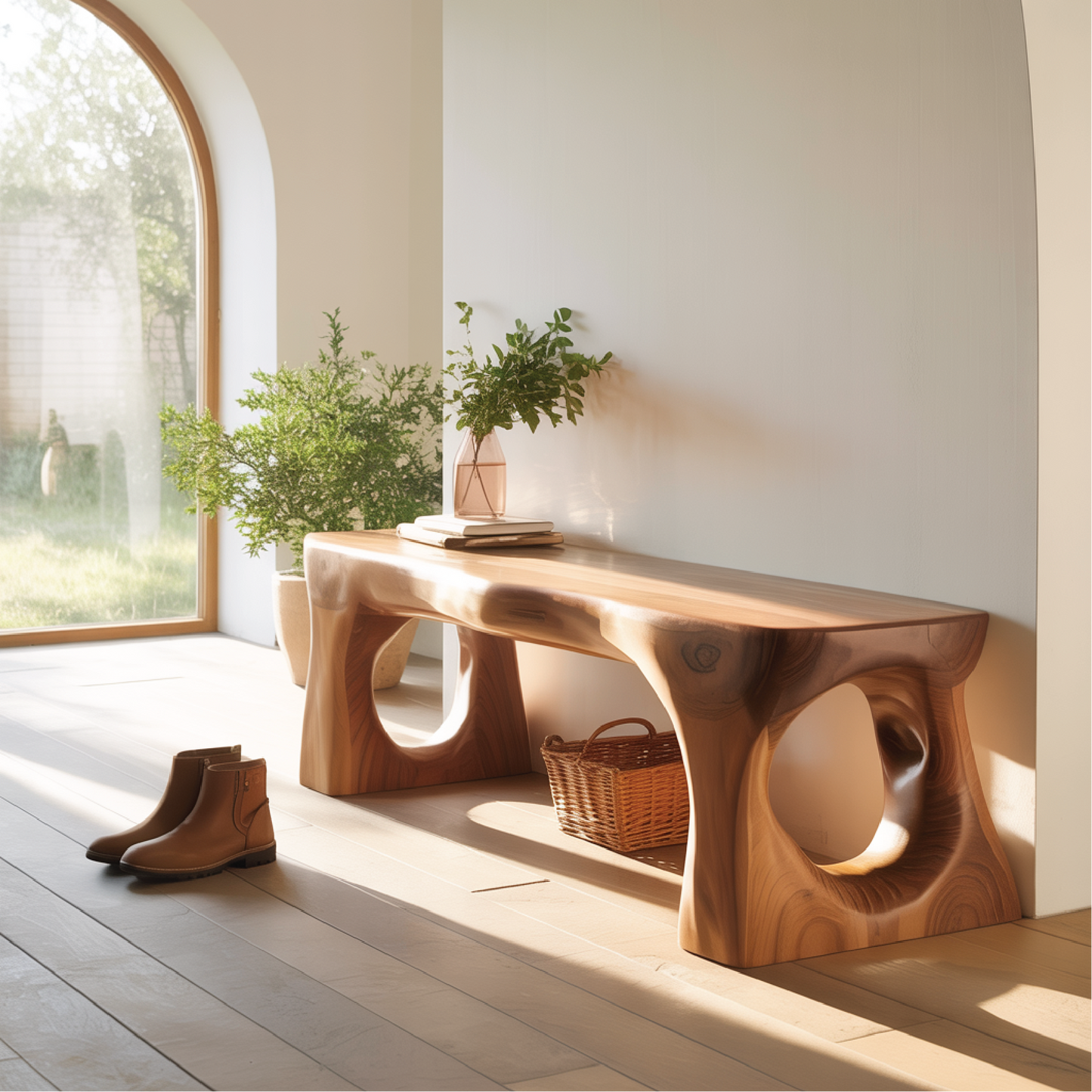 Handcrafted Solid Wood Entryway Bench with Sculpted Organic Cutout Base and Smooth Finish Kitchnce