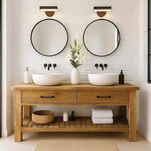 Handcrafted Double Solid Wood Bathroom Vanity with Drawers and Slatted Shelf for Modern Homes Kitchnce