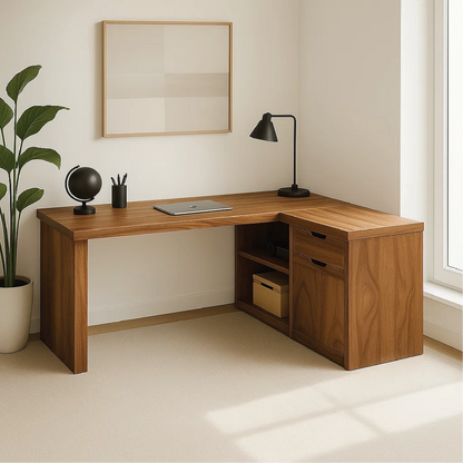 Handcrafted Solid Wood L-Shaped Work Desk – Modern Corner Office Table with Storage Drawers Kitchnce