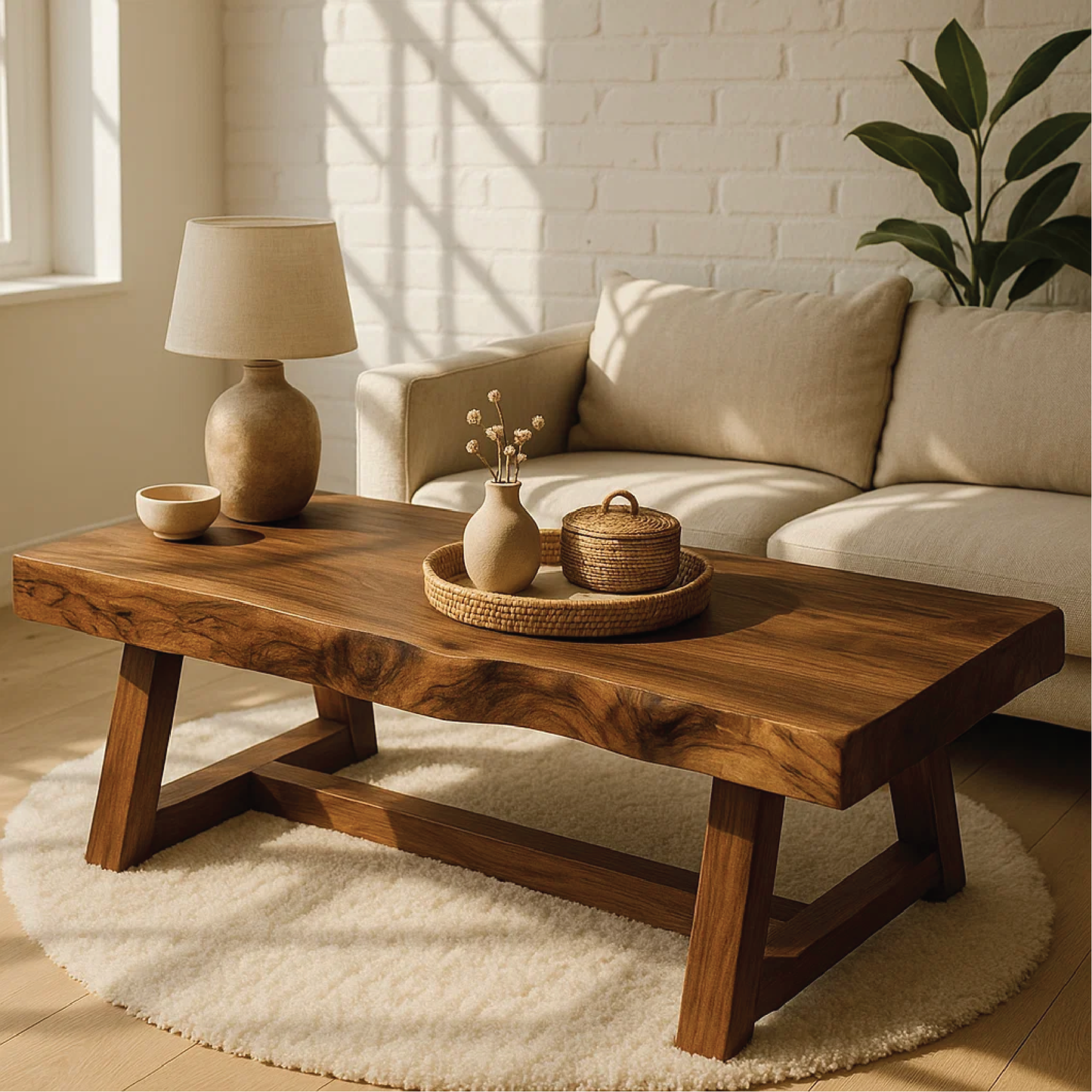Handcrafted Solid Wood Coffee Table with Natural Live Edge and Angled Base for Modern Homes Kitchnce